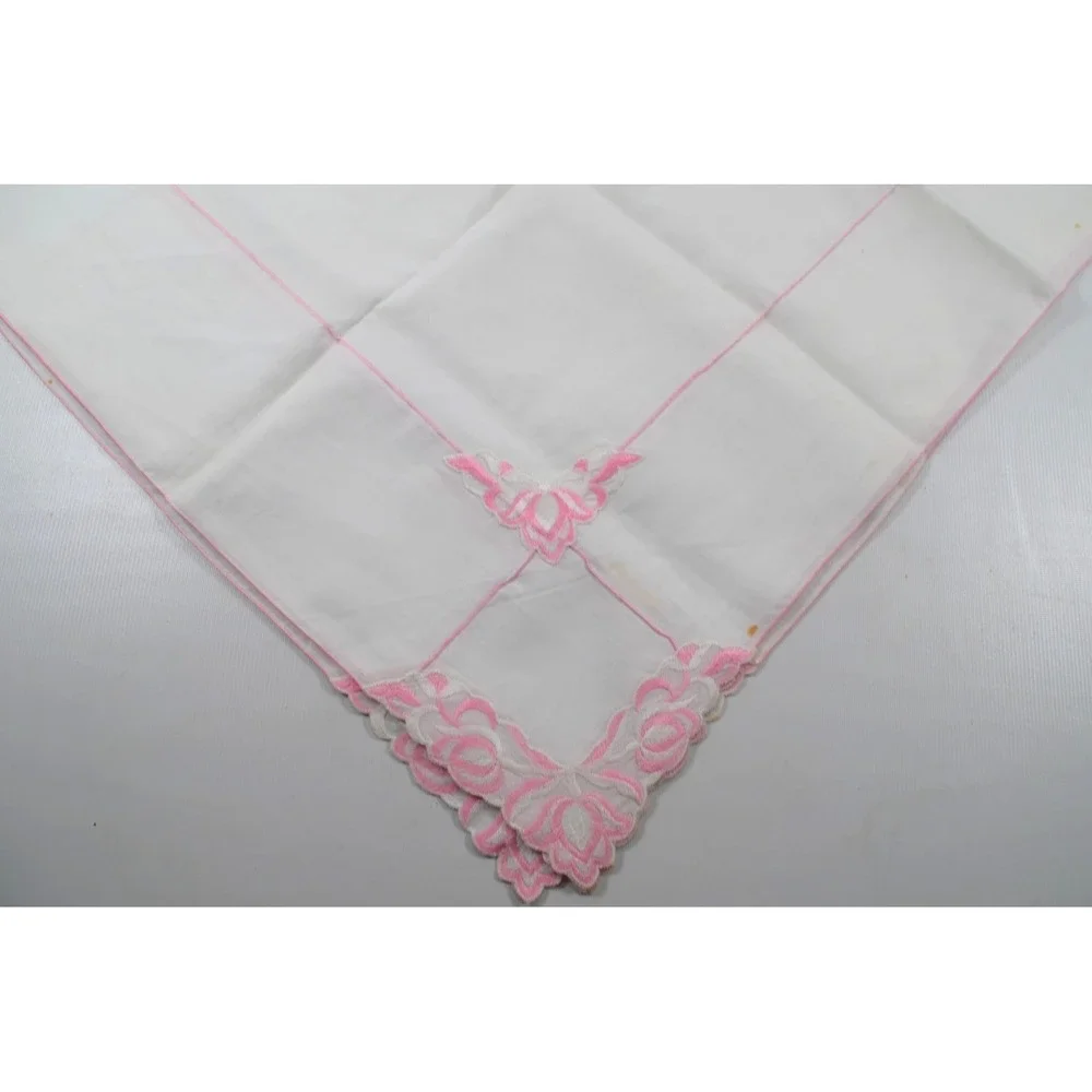 Vintage White Floral Tablecloth with Pink Roses and Line Accents 50x50